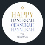 Redonda Feliz Hanukkah Chanukah Pegatina de vacaciones<br><div class="desc">En este diseño se incorpora el diseño de Relieve metalizado de oro simulado falso. Personalice el texto personalizado anterior. En nuestra colección "Happy Hanukkah Chanukah" se pueden encontrar elementos de coordinación adicionales.</div>