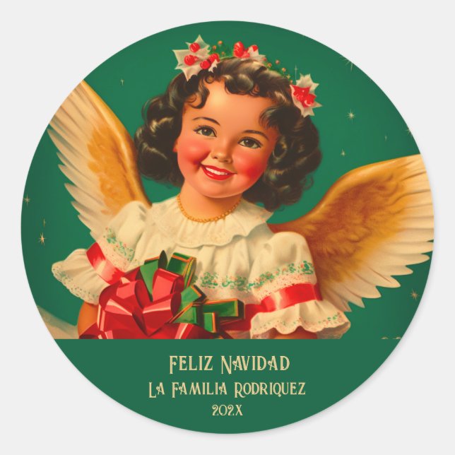 Redonda "Feliz Navidad" Angel Round Pegatina (Anverso)