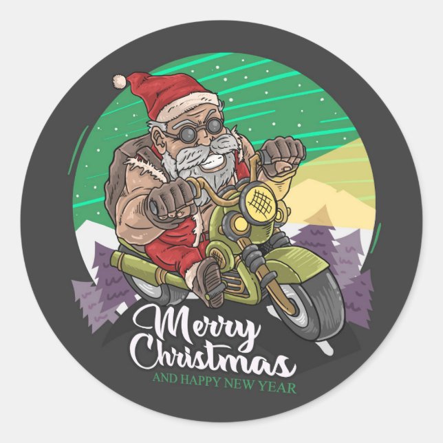 Redonda Feliz Navidad Biker Santa Classic Round Pegatina (Anverso)