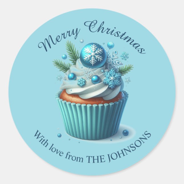 Redonda Feliz Navidad Blue Cupcake con amor Pegatina (Anverso)