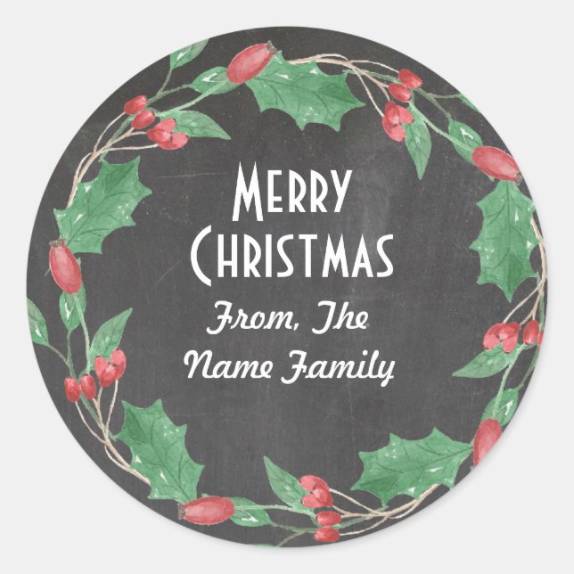 Redonda Feliz Navidad Chalé Rustic Flower Wreath Pegatina (Anverso)