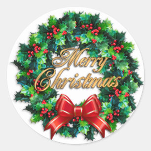 Redonda Feliz Navidad Holly wreath pegatina