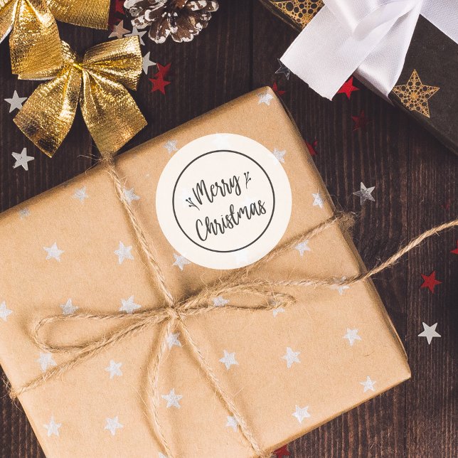 Redonda Feliz Navidad moderna | Pegatina blanco y negro (Modern Merry Christmas | Black and White Sticker
)
