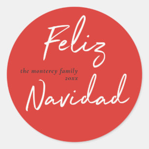 Redonda Feliz Navidad rojo Pegatina de vacaciones en blanc