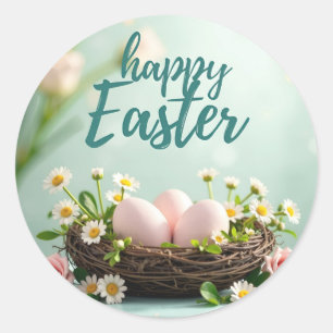 Redonda Feliz pegatina de Pascua con huevos en el nido