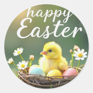 Redonda Feliz pegatina de Pascua con una pequeña chica en