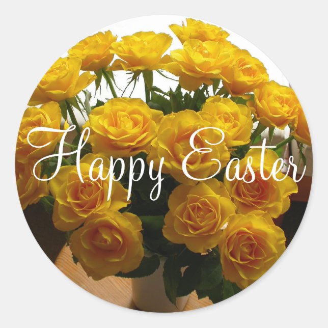 Redonda Feliz Pegatina de Pascua Rosa Amarillo (Anverso)
