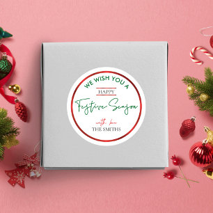 Redonda Feliz Pegatina navideño rojo verde personalizado