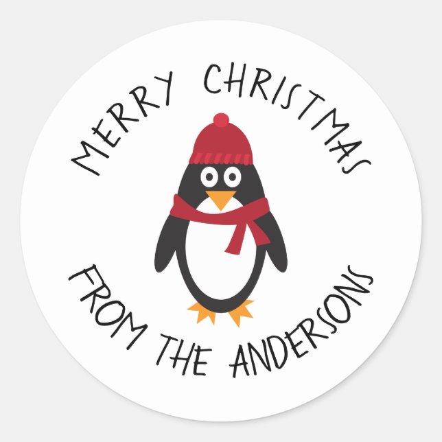 Redonda Feliz Pegatina Pingüino de Navidad para las vacaci (Anverso)