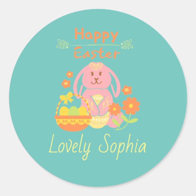 Redonda Feliz Pegatina redondo clásico de conejo rosa de P (Anverso)