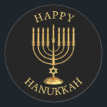 Redonda Feliz Pegatina redondo clásico de Hanukkah<br><div class="desc">Golden Happy Hanukkah pegatina.</div>