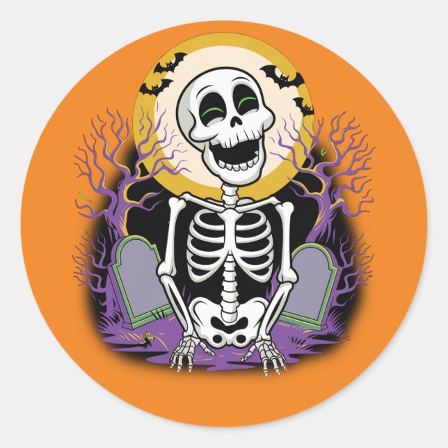 Redonda Feliz Skeleton Halloween Graveyard Pegatina (Anverso)