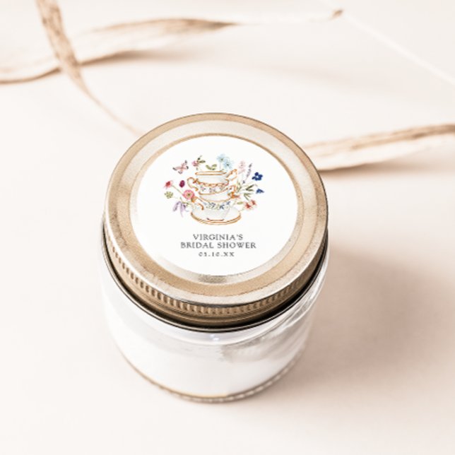 Redonda Fiesta de té Pegatina de ducha de novia (Floral Tea Party Bridal Shower Sticker by Painted Paperie
)