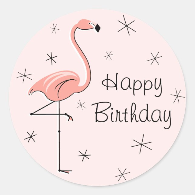 Redonda Flamingo Pink Happy Birday pegatina (Anverso)