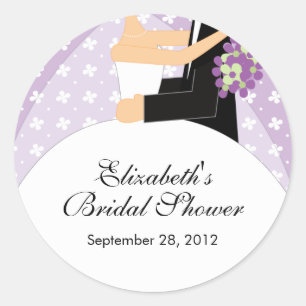 Redonda Floral Bride Groom Bridal Shower Pegatina Purple