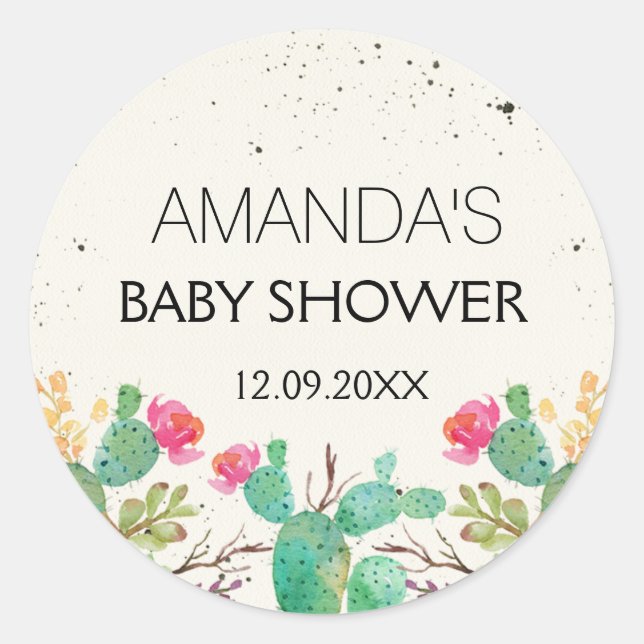 Redonda Floral Cactus Fiesta Pegatina Baby Shower (Anverso)