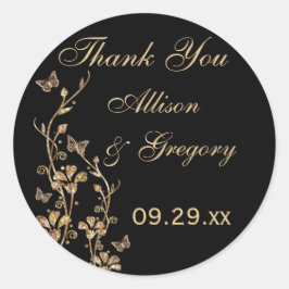 Redonda Floral de oro negro con mariposas Pegatina