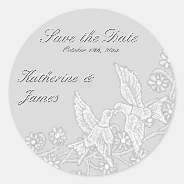 Redonda Floral Lace Platinum Save the Date Pegatina (Anverso)