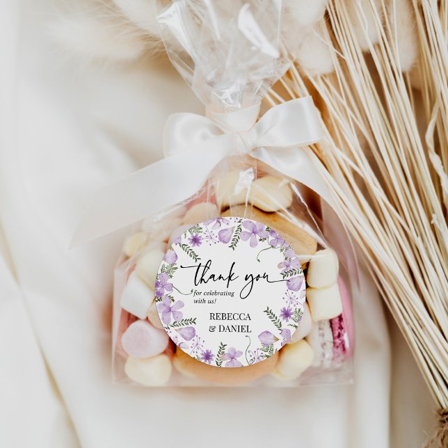 Redonda Floral púrpura gracias Pegatina de la boda (Subido por el creador)