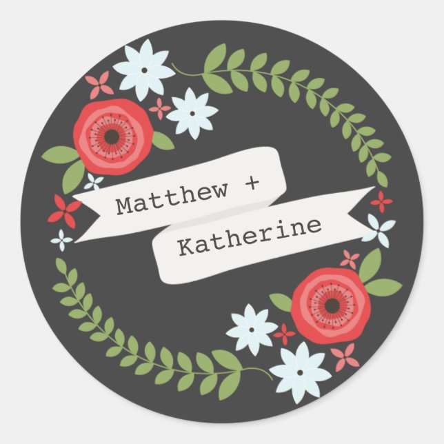 Redonda Floral Wreath & Banner Gray Pegatina (Anverso)