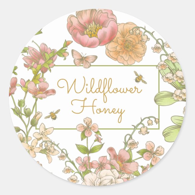 Redonda Flores y abejas Pegatina de miel (Anverso)