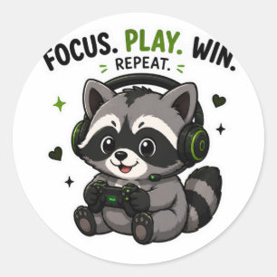 REDONDA FOCUS JUEGA GANAR REPETIR GAMER MAPACHE PEGATINA