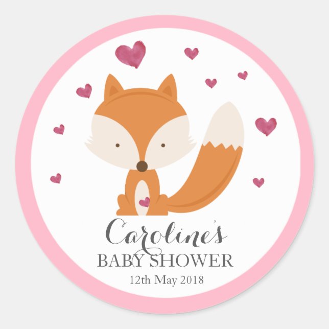 Redonda Fox Love Pink Baby Shower Pegatina  (Anverso)