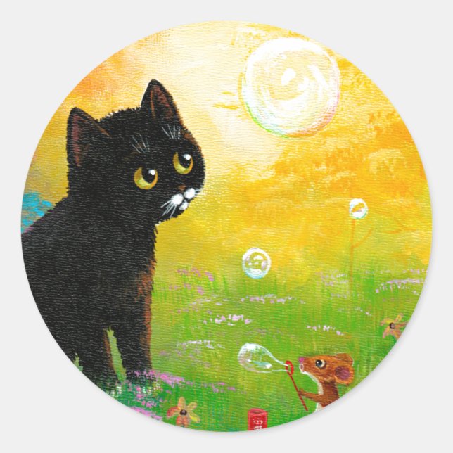 Redonda Funny Black Cat Creationarts Pegatina (Anverso)