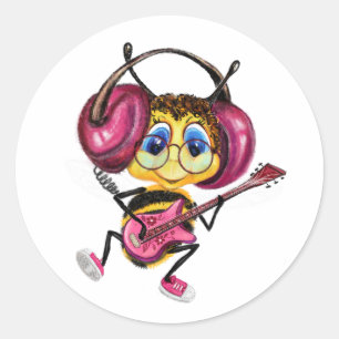 Redonda Funny Pegatina con Guitar Player Bee