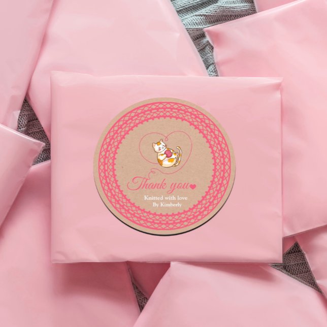 Redonda Gatito Con Corazón Crochet Gracias Pegatina (#zazzlemade #catcrochet #crochet #knitten Ecraftpapersticker #kraftpapersticker #label)