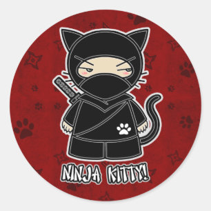 Redonda ¡Gatito de Ninja! En pegatina rojo