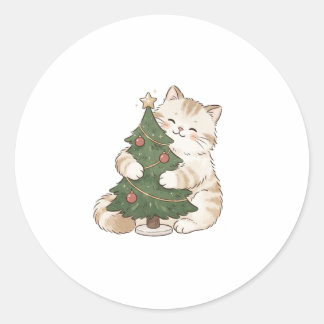 Redonda Gato abrazando pegatina de pequeño árbol de Navida