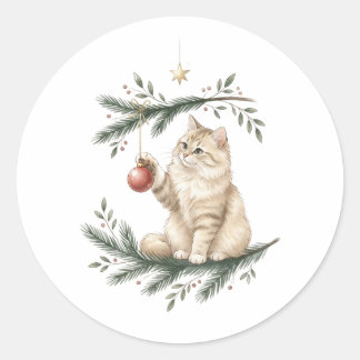 Redonda Gato Juguetón con Pegatina de Adorno de Navidad