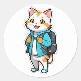 Redonda Gato lindo con Pegatina de mochila - Volver a la e