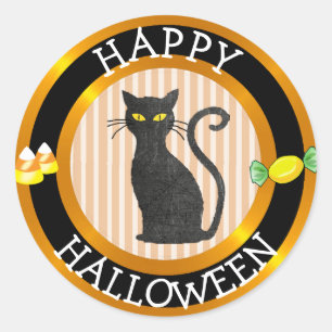 Redonda Gato negro del feliz Halloween y pegatina del