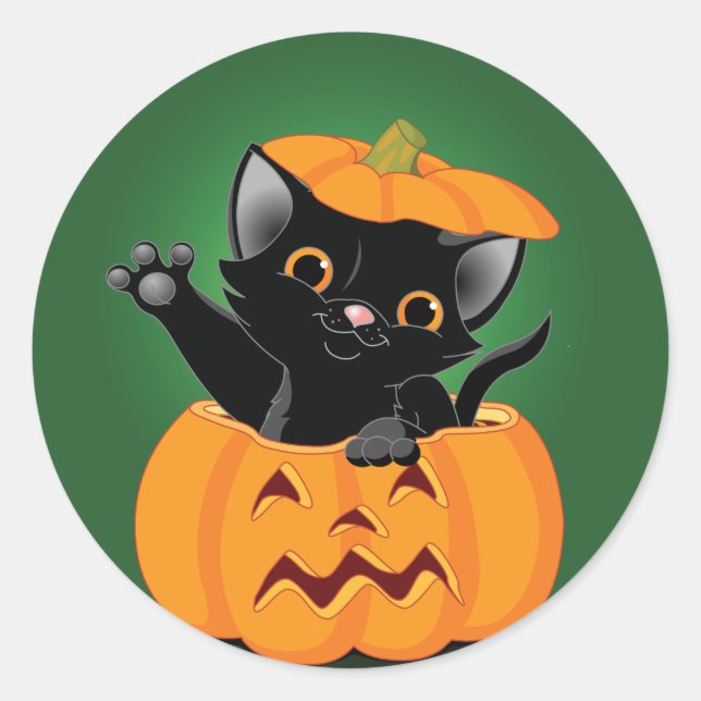 Redonda Gato Negro En Un Pegatina De Calabaza (Anverso)