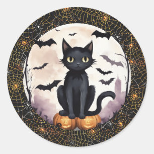 Redonda Gato negro sobre calabazas y Pegatina de Halloween