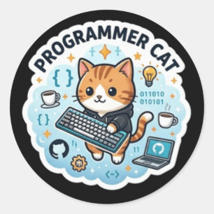 Redonda Gato Programador Adorable Pegatina Portátil de Cod