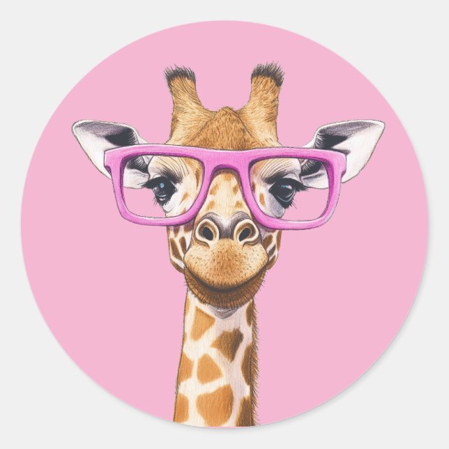 Redonda Giraffe con gafas rosas Pegatina BG rosa claro (Anverso)