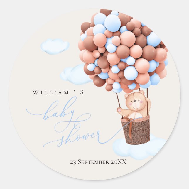 Redonda Globo de oso Pegatina de Baby Shower (Anverso)
