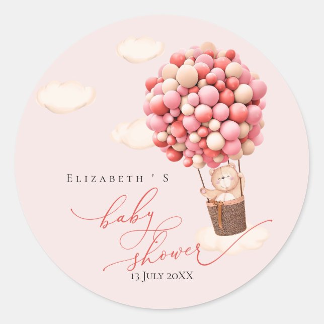 Redonda Globos de oso Pegatina de Baby Shower (Anverso)