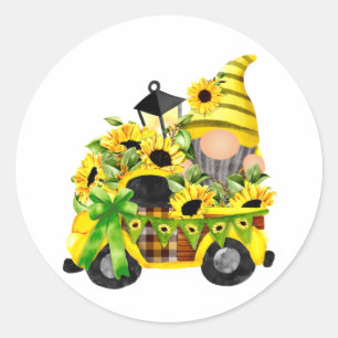 Redonda Gnomes Sunflower Truck Pegatina redondo clásico