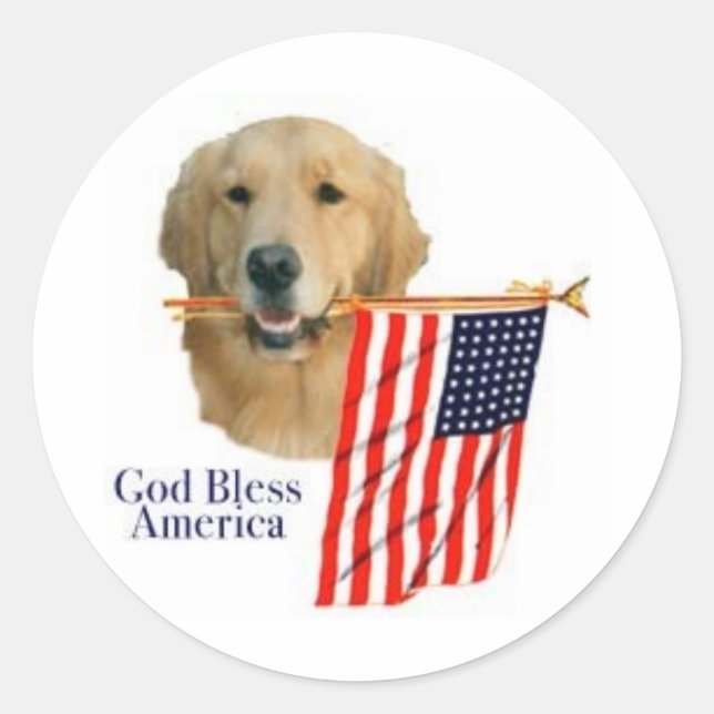 Redonda Golden Retriever God Bless America Pegatina (Anverso)
