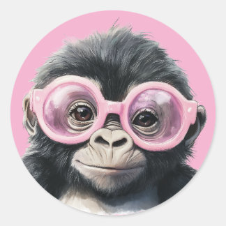 Redonda Gorila con gafas rosadas Pegatina BG rosa claro