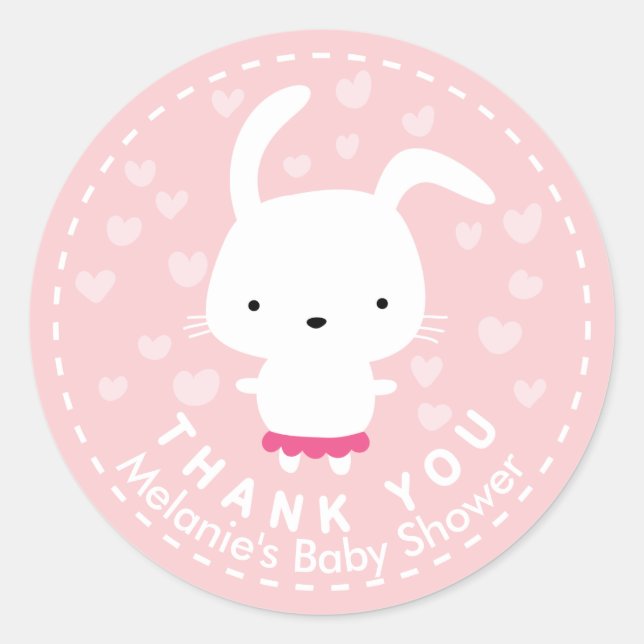 Redonda Gracias Baby Shower Rosado Kawaii Bunny Pegatina (Anverso)