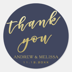 Redonda Gracias Pegatina Boda de Navy & Gold Script