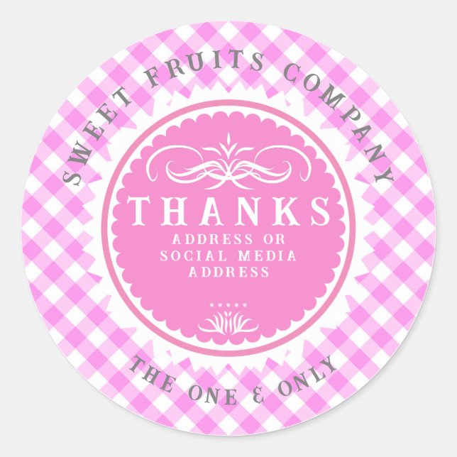 Redonda Gracias Pink Gingham Classic Round Pegatina (Anverso)