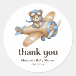 Redonda Gracias Teddy Bear Pilot Baby Boy Shower Pegatina
