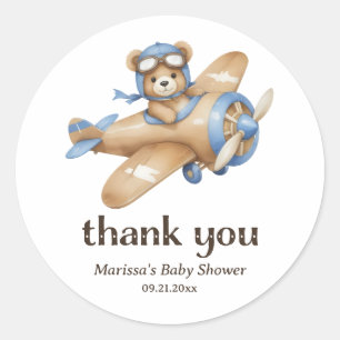 Redonda Gracias Teddy Bear Pilot Baby Boy Shower Pegatina