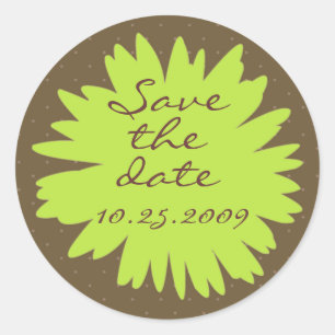 Redonda Green Gerbera on Brown Save the Date Pegatina